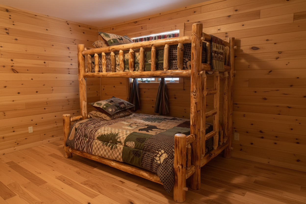 Classic log bunk bed in a cozy cabin-style bedroom with wildlife-themed bedding