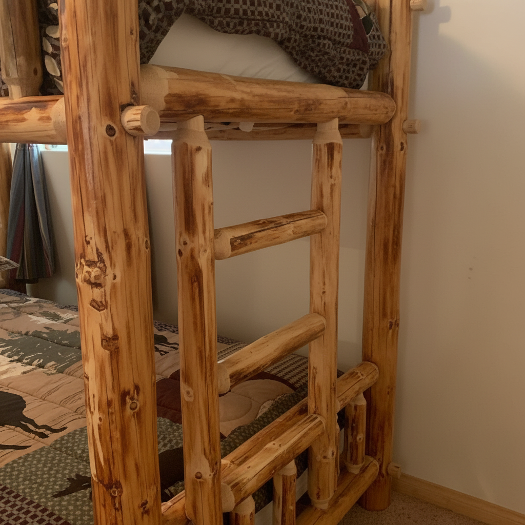 Integrated ladder rungs built into the side posts of the classic log bunk bed